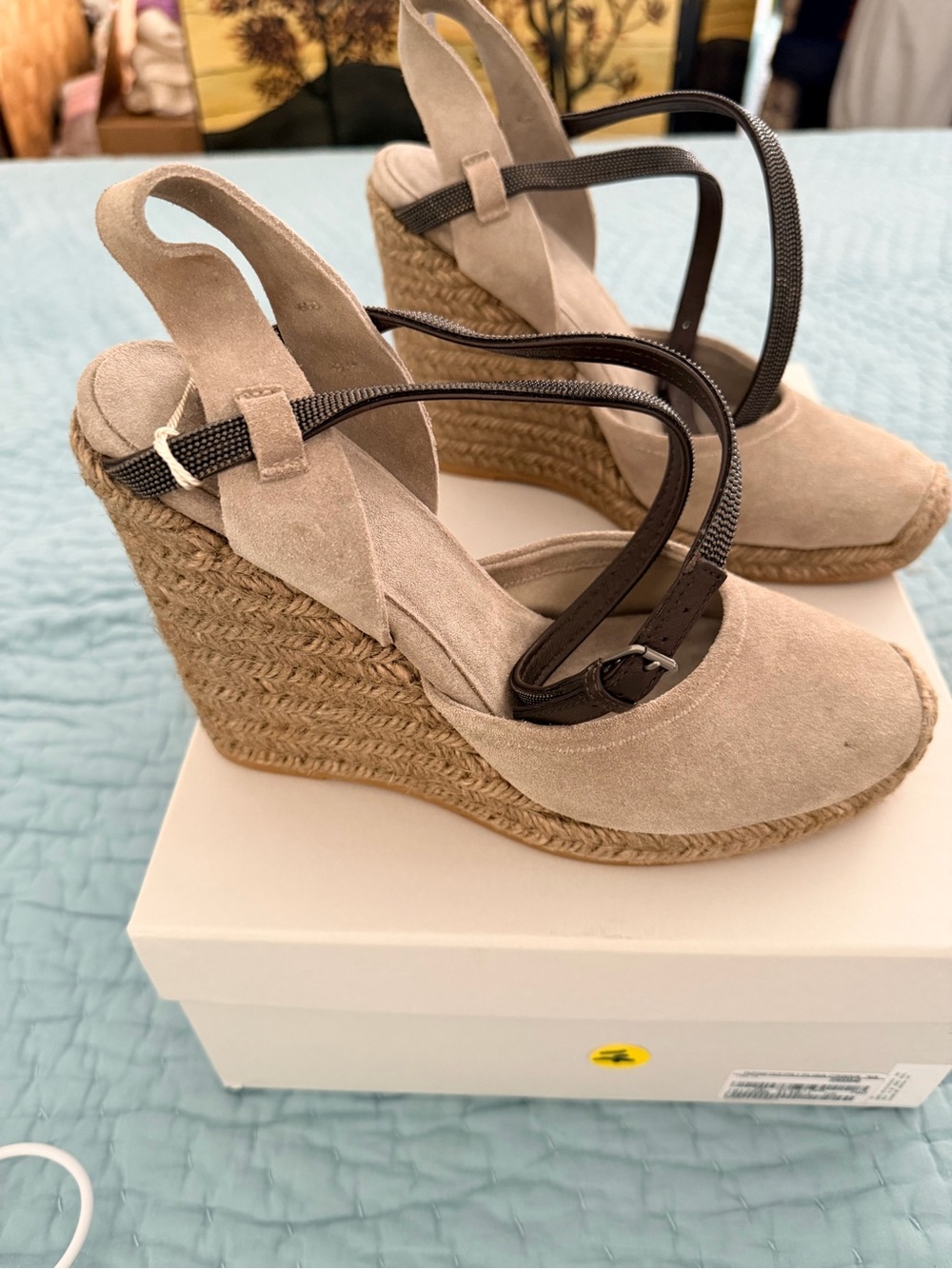 Brunello Cucinelli Taupe Suede Espadrille Wedge Sandals with Dark Brown Straps - Picture 4 of 7